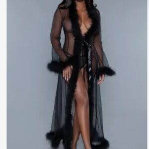 Luxurious Sheer Black Robe with Fur Accents